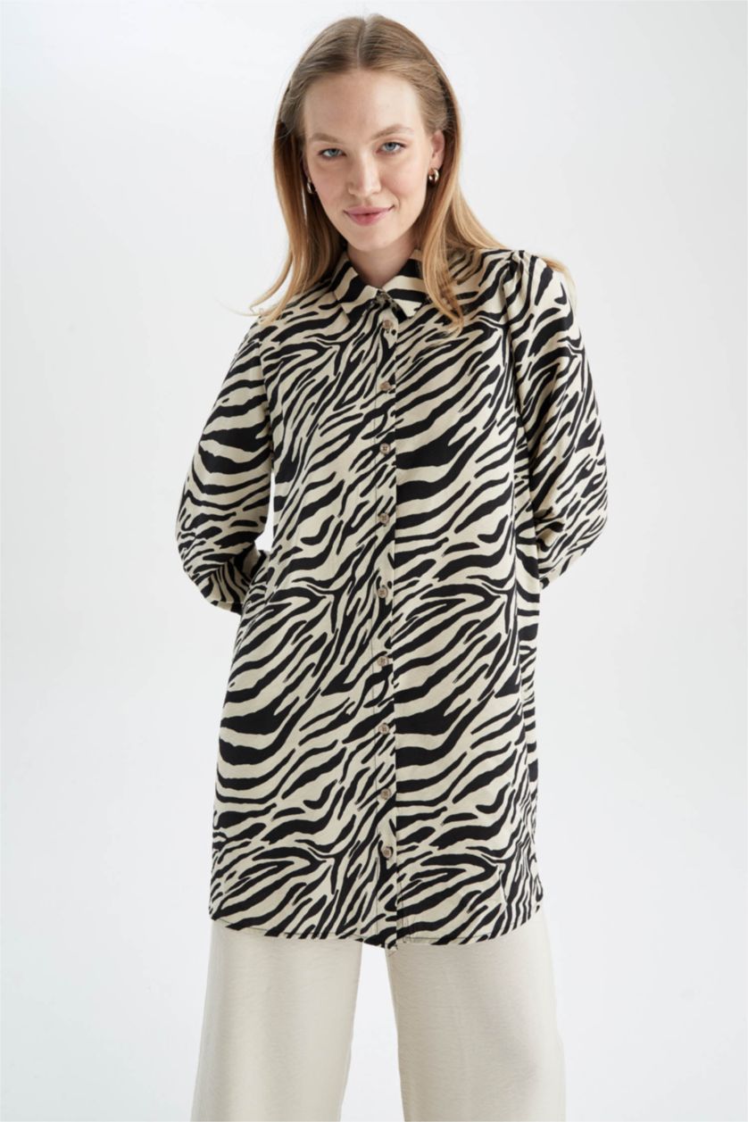 FEMME Écru Tunique À Manches Longues Coupe Régulière Imprimé Col De Chemise