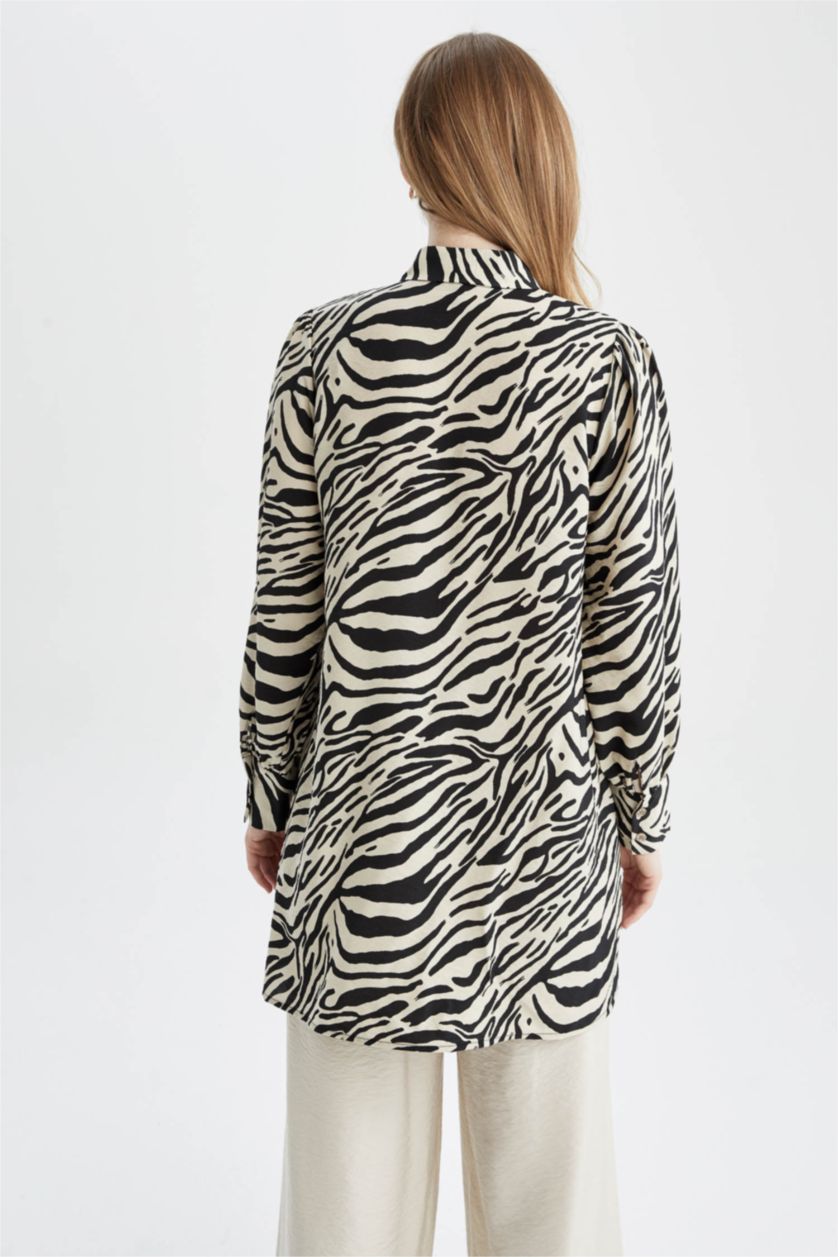 FEMME Écru Tunique À Manches Longues Coupe Régulière Imprimé Col De Chemise