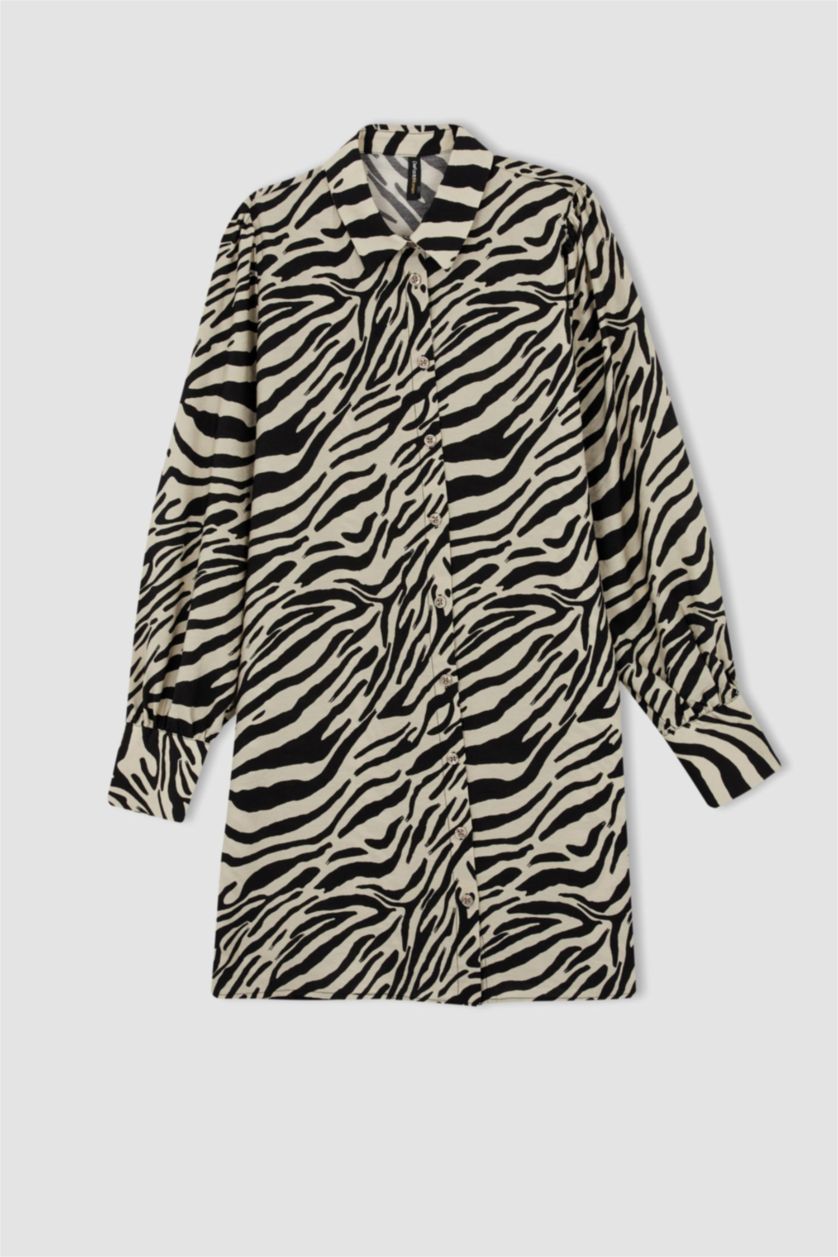 FEMME Écru Tunique À Manches Longues Coupe Régulière Imprimé Col De Chemise