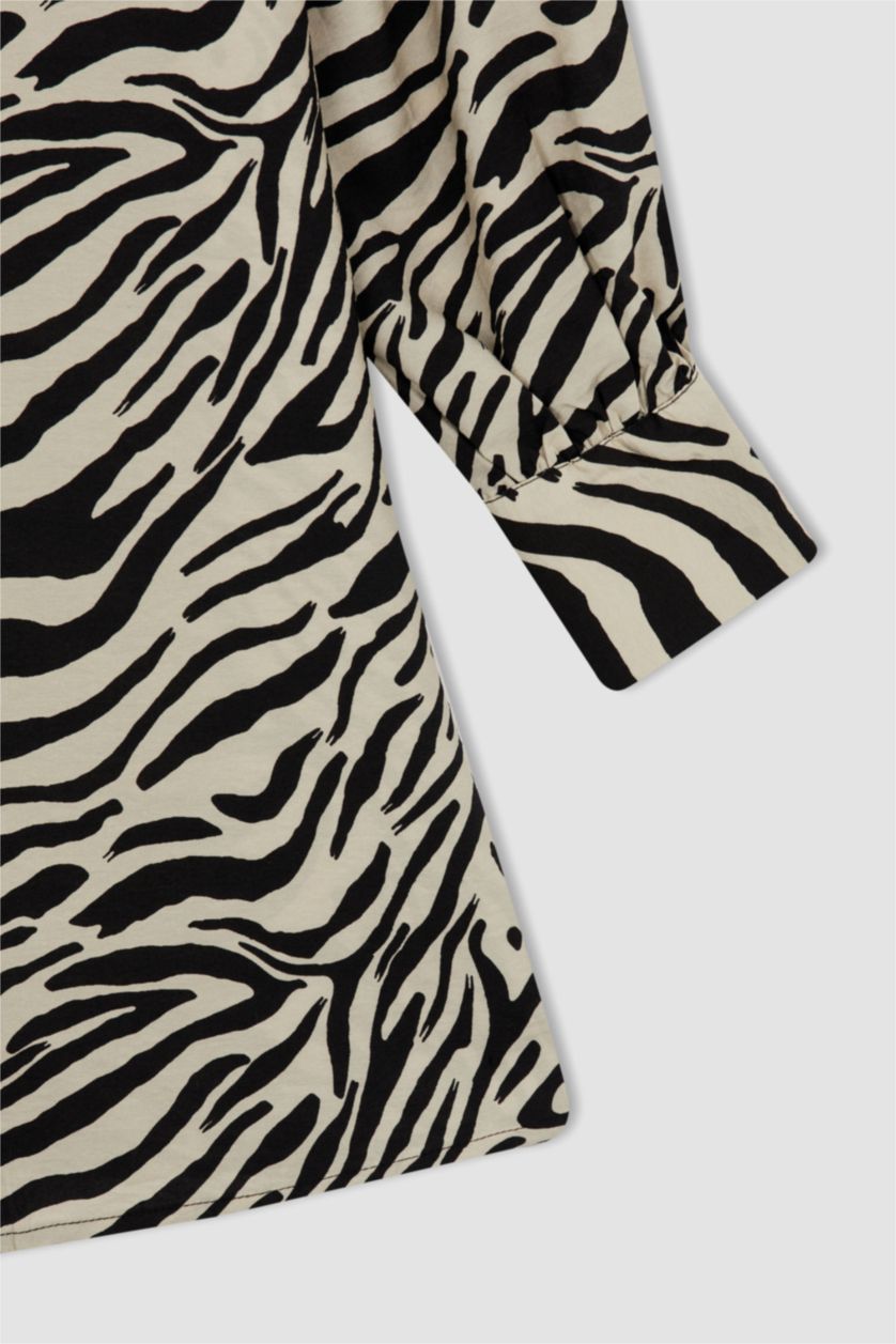 FEMME Écru Tunique À Manches Longues Coupe Régulière Imprimé Col De Chemise