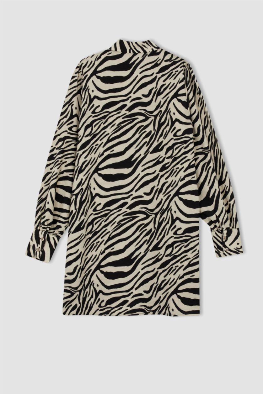 FEMME Écru Tunique À Manches Longues Coupe Régulière Imprimé Col De Chemise