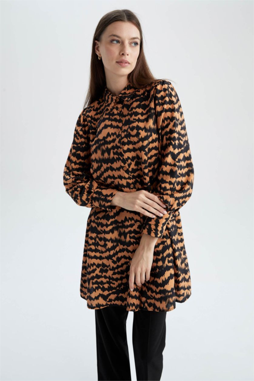 WOMAN Orange Regular Fit Shirt Collar Printed Long Sleeve Tunic