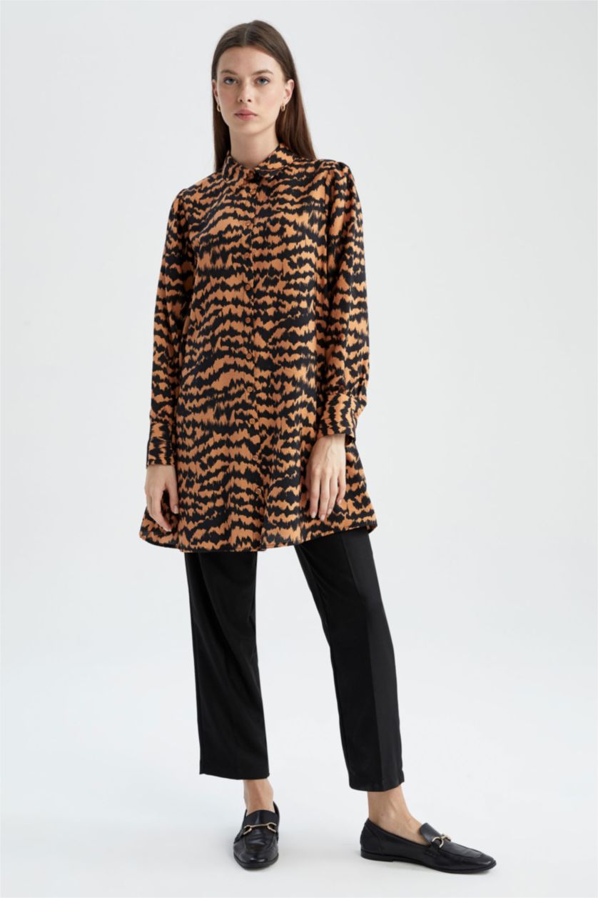 WOMAN Orange Regular Fit Shirt Collar Printed Long Sleeve Tunic