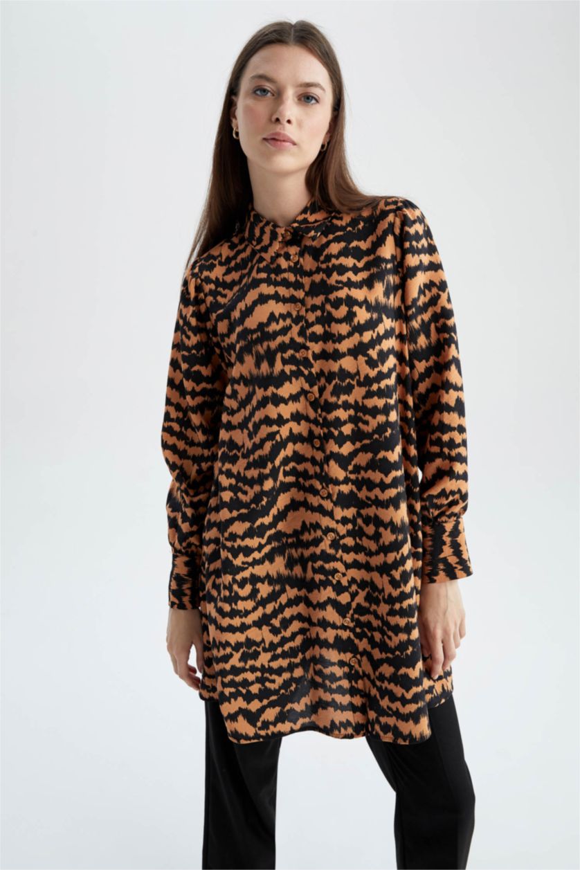 WOMAN Orange Regular Fit Shirt Collar Printed Long Sleeve Tunic