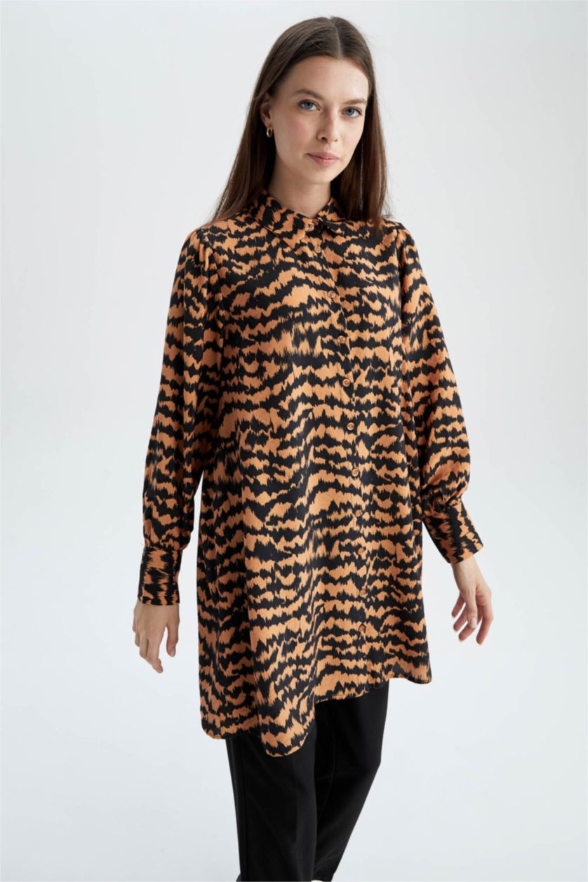 WOMAN Orange Regular Fit Shirt Collar Printed Long Sleeve Tunic