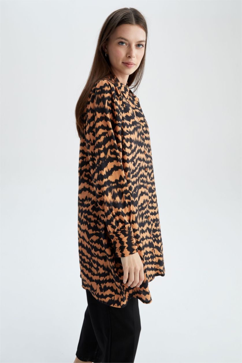 WOMAN Orange Regular Fit Shirt Collar Printed Long Sleeve Tunic