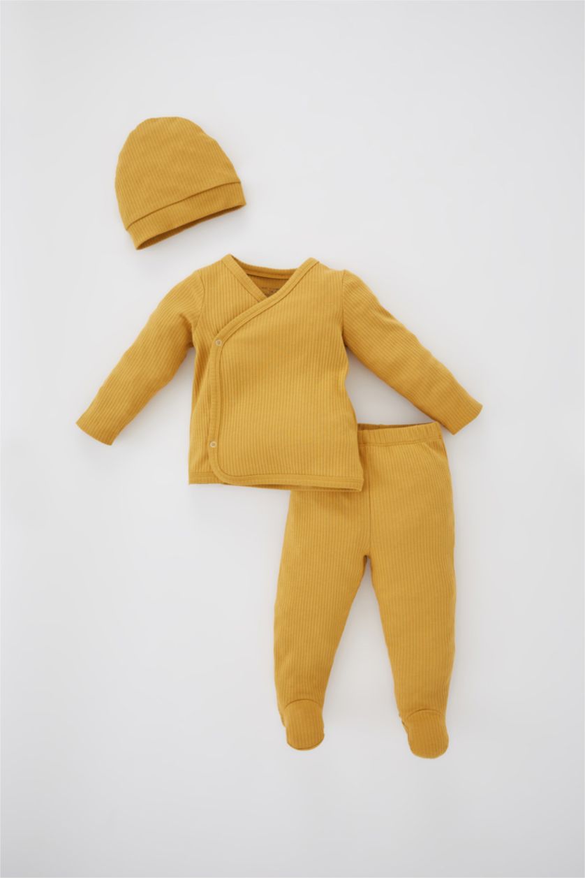 طفل صغير أصفر غامق طقم قماش كاميزول قصة عادية كم طويل ياقة مستديرة - 3 قطع