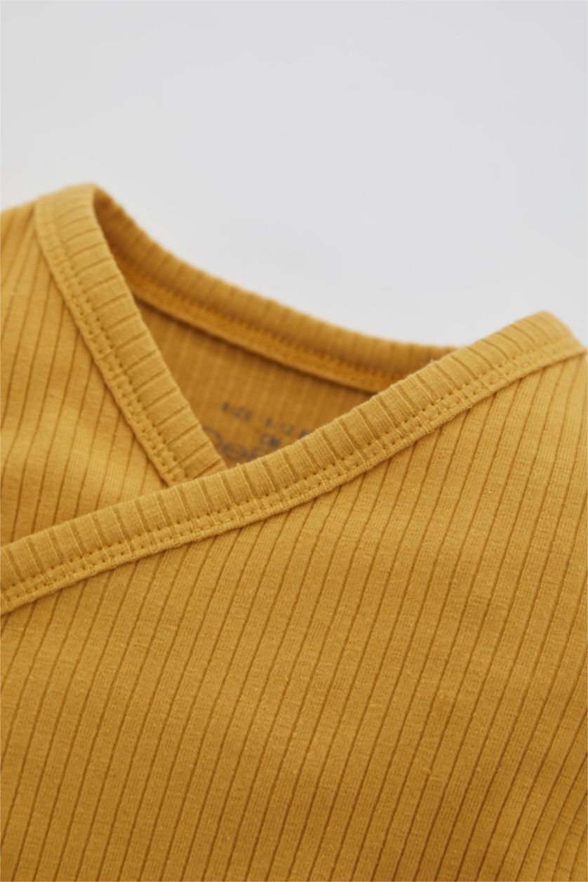 طفل صغير أصفر غامق طقم قماش كاميزول قصة عادية كم طويل ياقة مستديرة - 3 قطع