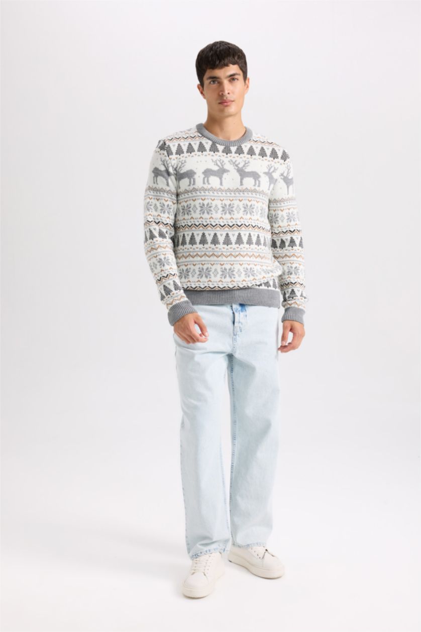 Erkek Ekru Standart Fit Yılbaşı Temalı Bisiklet Yaka Triko Kazak