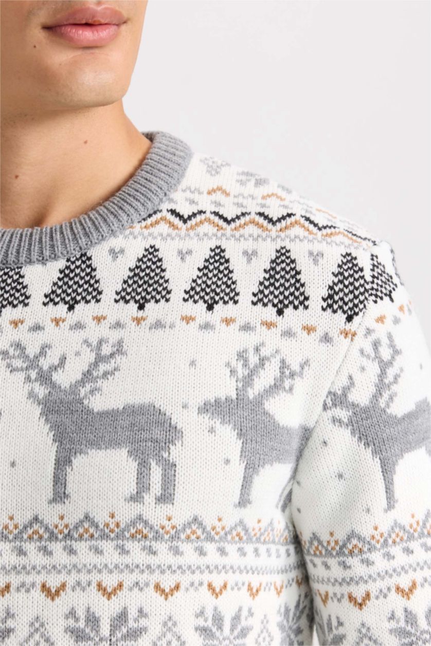 Erkek Ekru Standart Fit Yılbaşı Temalı Bisiklet Yaka Triko Kazak