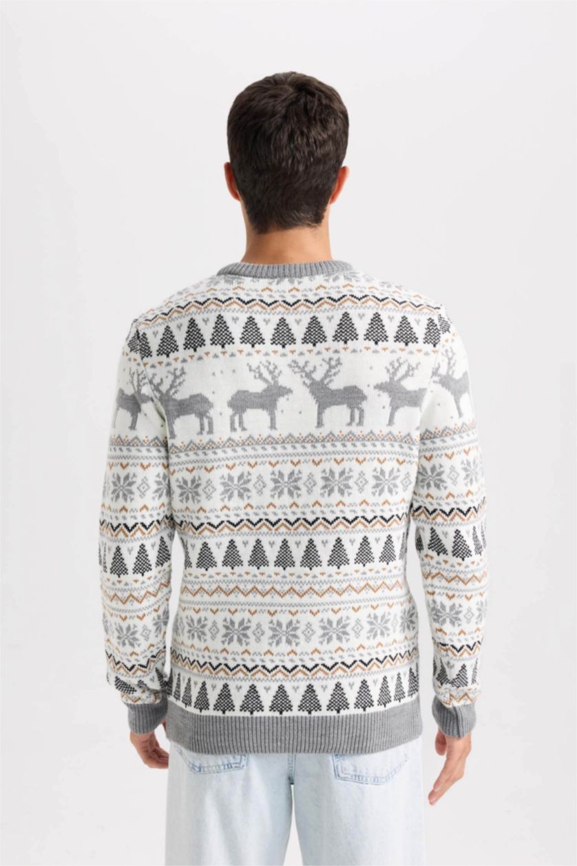 Erkek Ekru Standart Fit Yılbaşı Temalı Bisiklet Yaka Triko Kazak