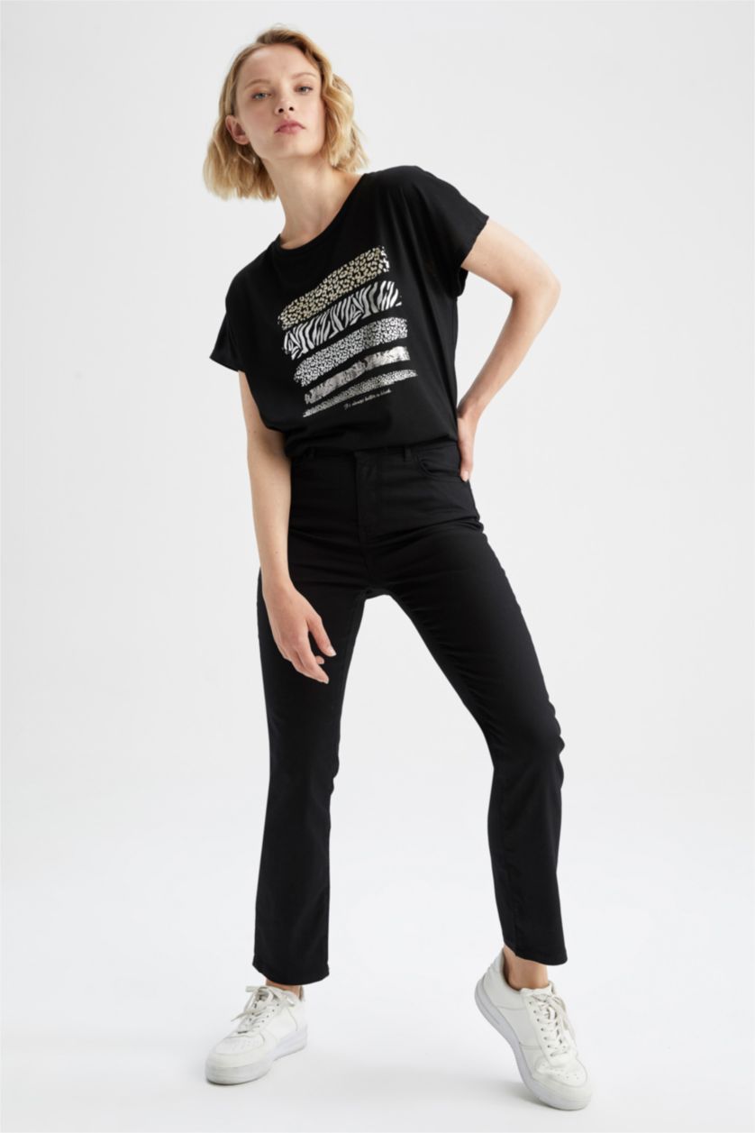 حريمي أسود تي شيرت بأكمام قصيرة بطباعة الحيوانات بياقة مستديرة