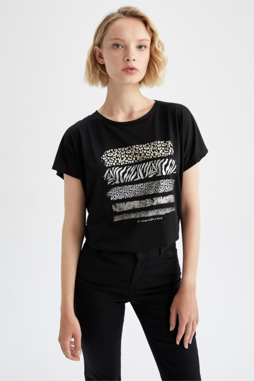 حريمي أسود تي شيرت بأكمام قصيرة بطباعة الحيوانات بياقة مستديرة