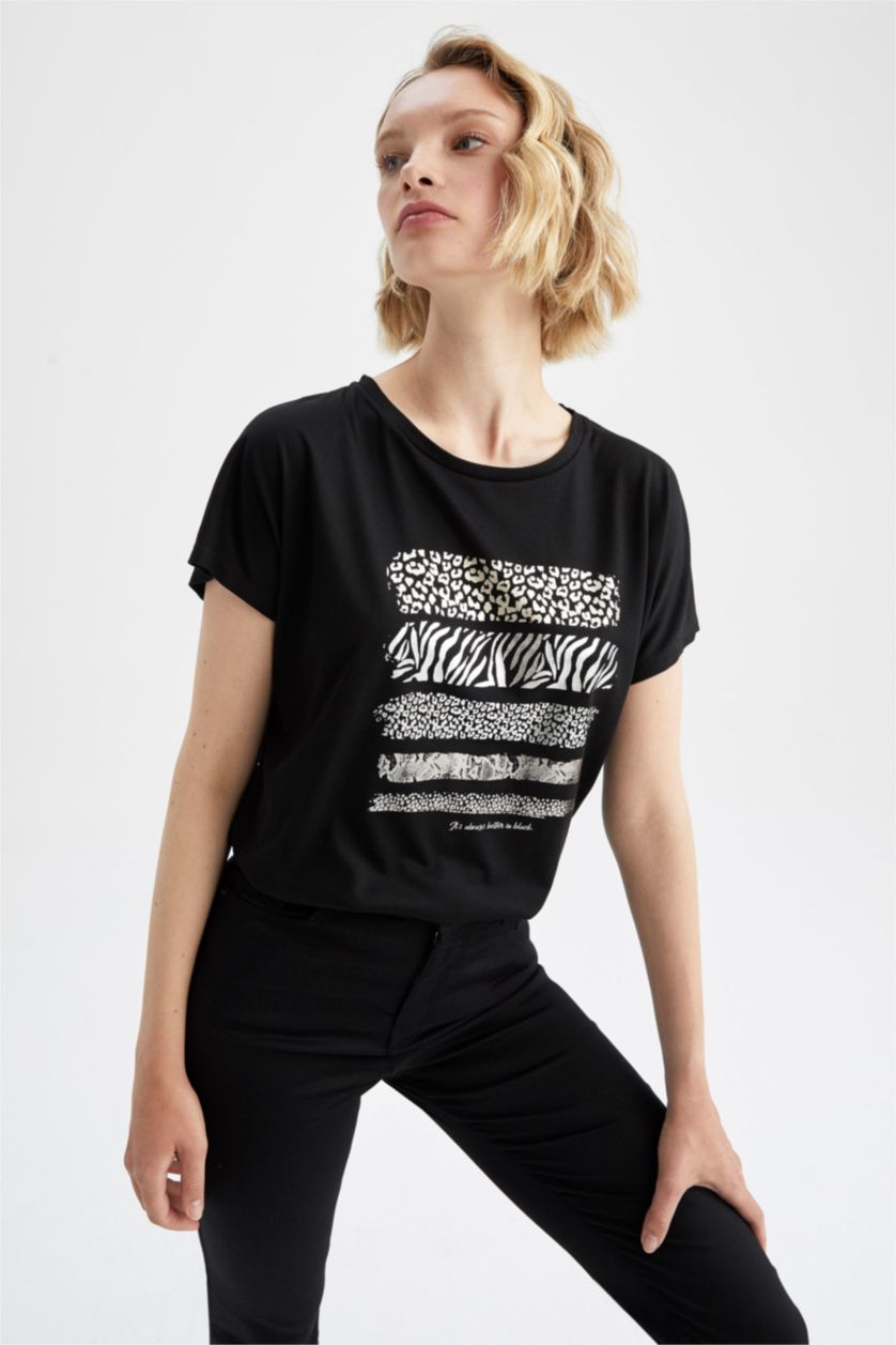 حريمي أسود تي شيرت بأكمام قصيرة بطباعة الحيوانات بياقة مستديرة
