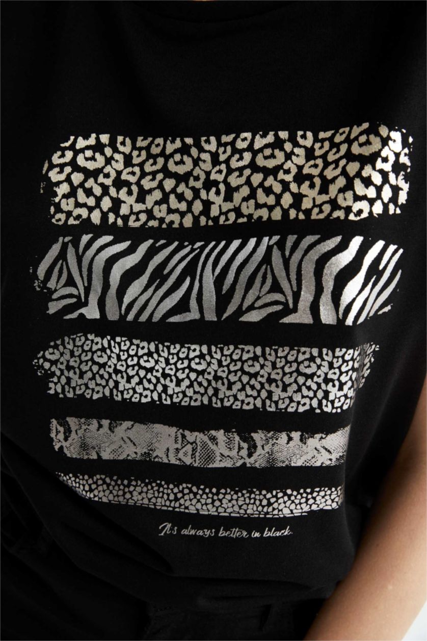 حريمي أسود تي شيرت بأكمام قصيرة بطباعة الحيوانات بياقة مستديرة
