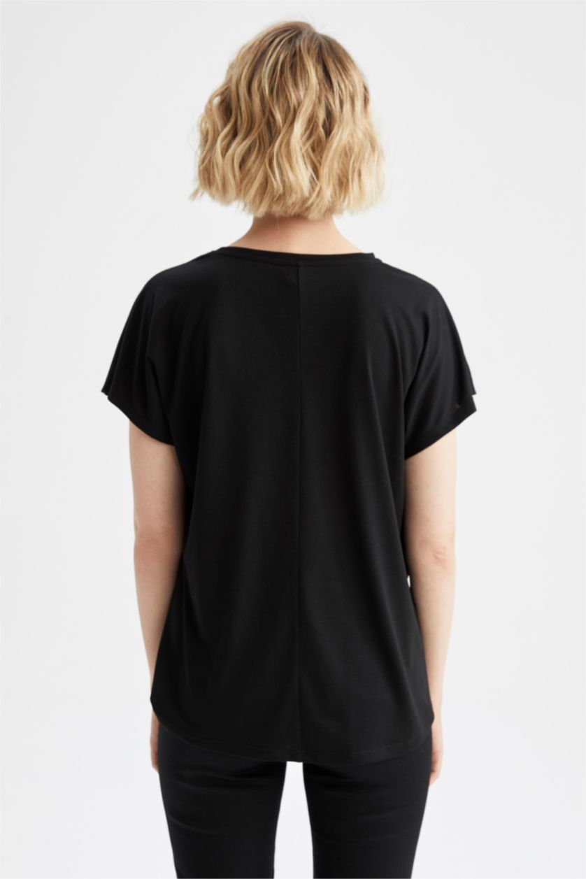 حريمي أسود تي شيرت بأكمام قصيرة بطباعة الحيوانات بياقة مستديرة