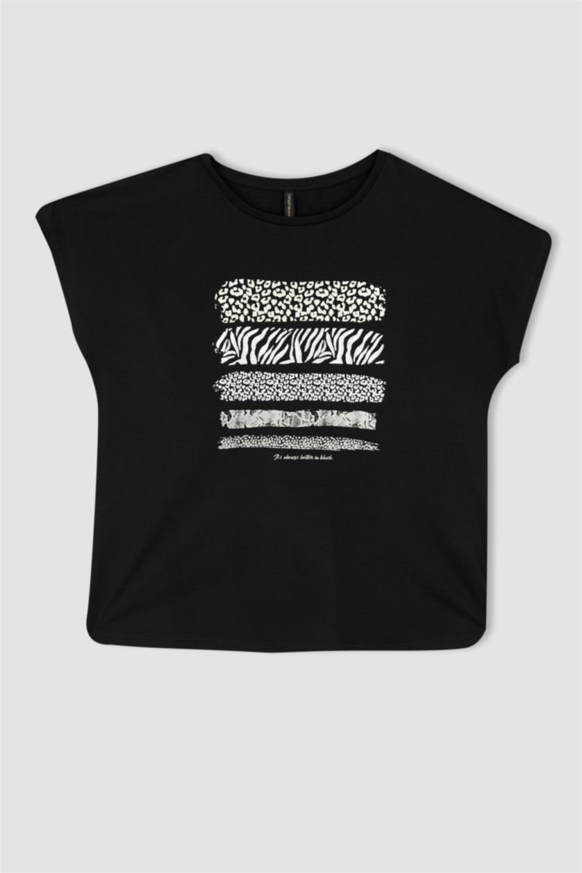 حريمي أسود تي شيرت بأكمام قصيرة بطباعة الحيوانات بياقة مستديرة
