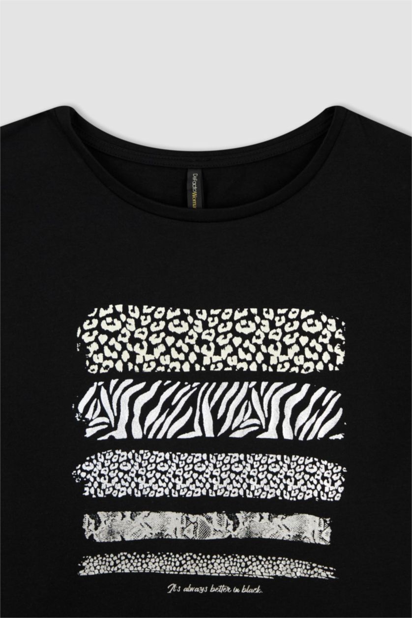 حريمي أسود تي شيرت بأكمام قصيرة بطباعة الحيوانات بياقة مستديرة