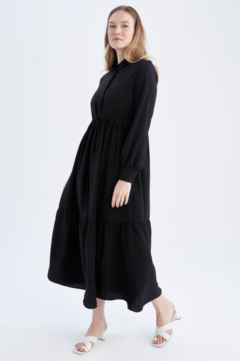FEMME Noir Robe Tissée À Manches Longues Col De Chemise