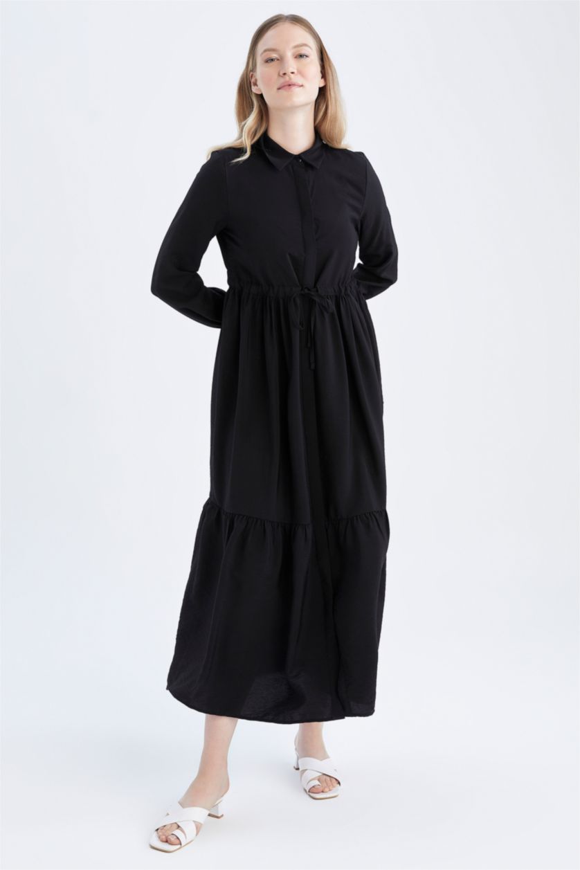 FEMME Noir Robe Tissée À Manches Longues Col De Chemise