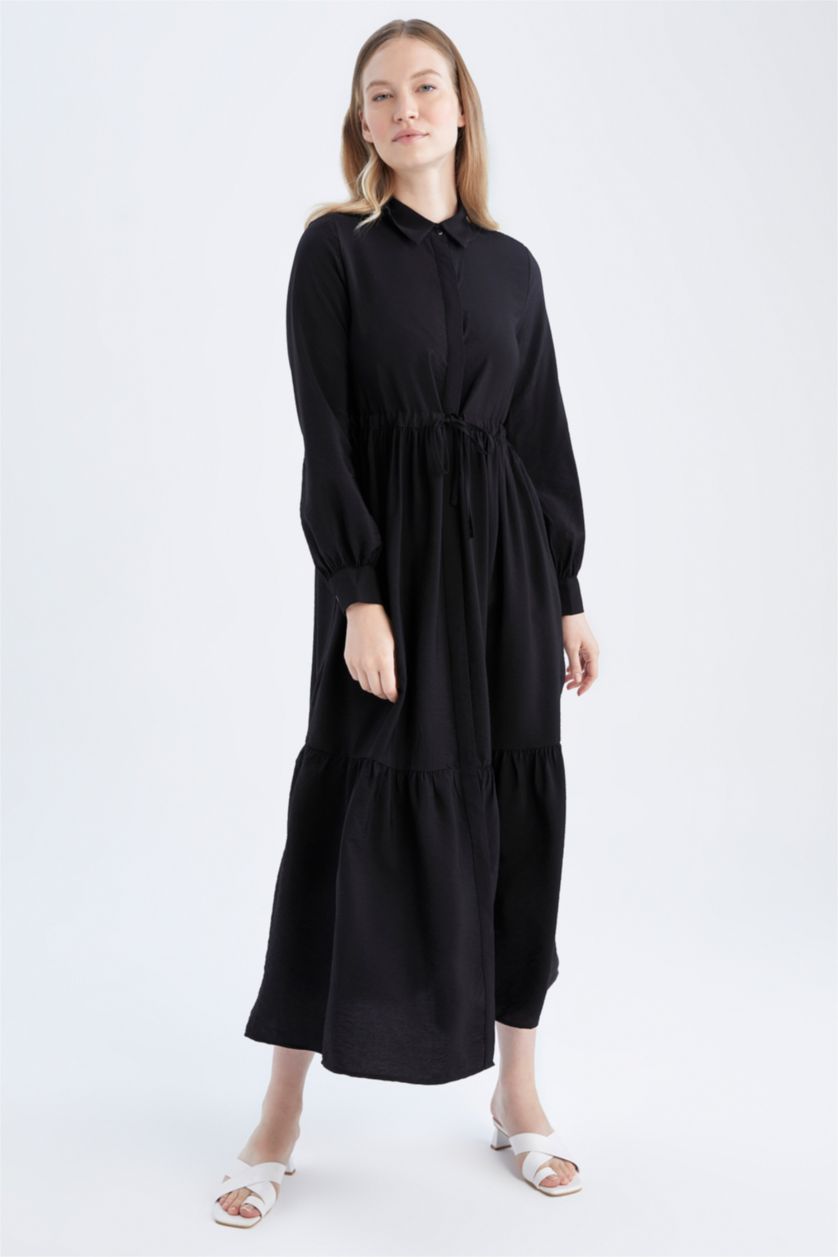 FEMME Noir Robe Tissée À Manches Longues Col De Chemise