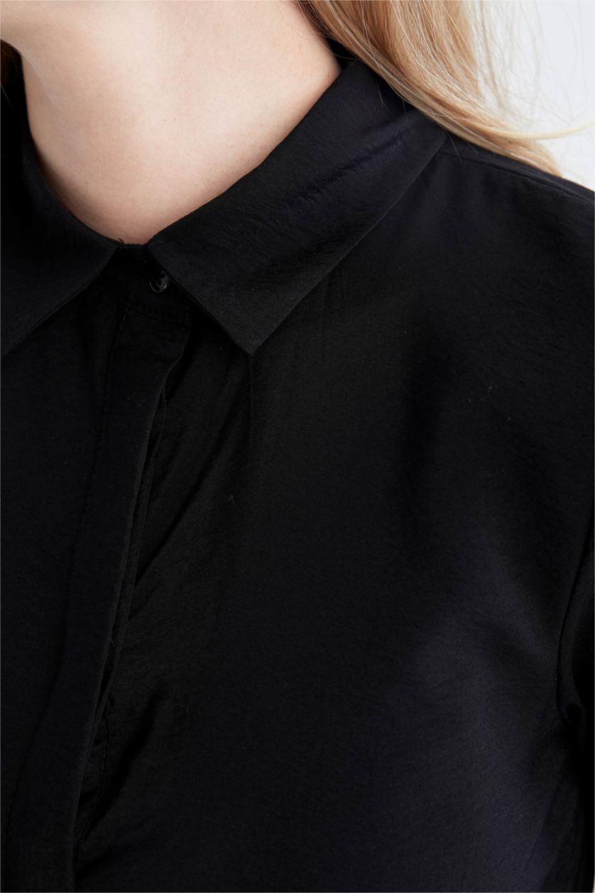 FEMME Noir Robe Tissée À Manches Longues Col De Chemise