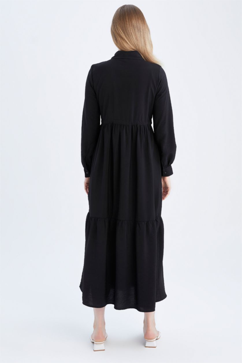 FEMME Noir Robe Tissée À Manches Longues Col De Chemise