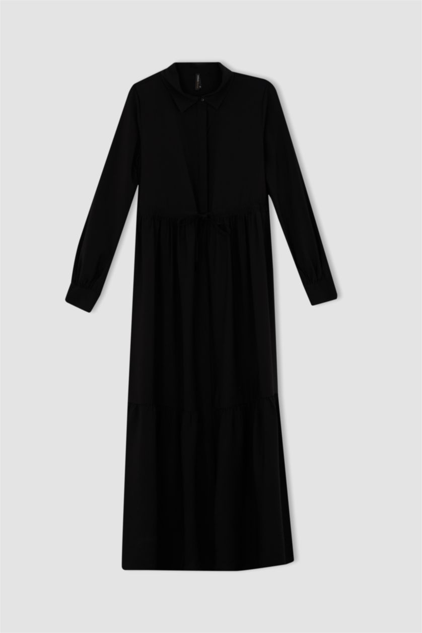 FEMME Noir Robe Tissée À Manches Longues Col De Chemise