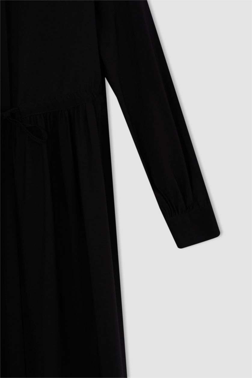 FEMME Noir Robe Tissée À Manches Longues Col De Chemise