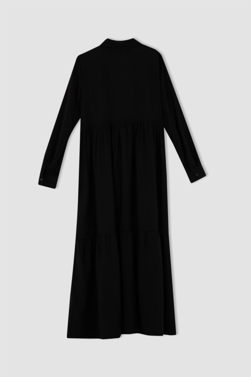 FEMME Noir Robe Tissée À Manches Longues Col De Chemise