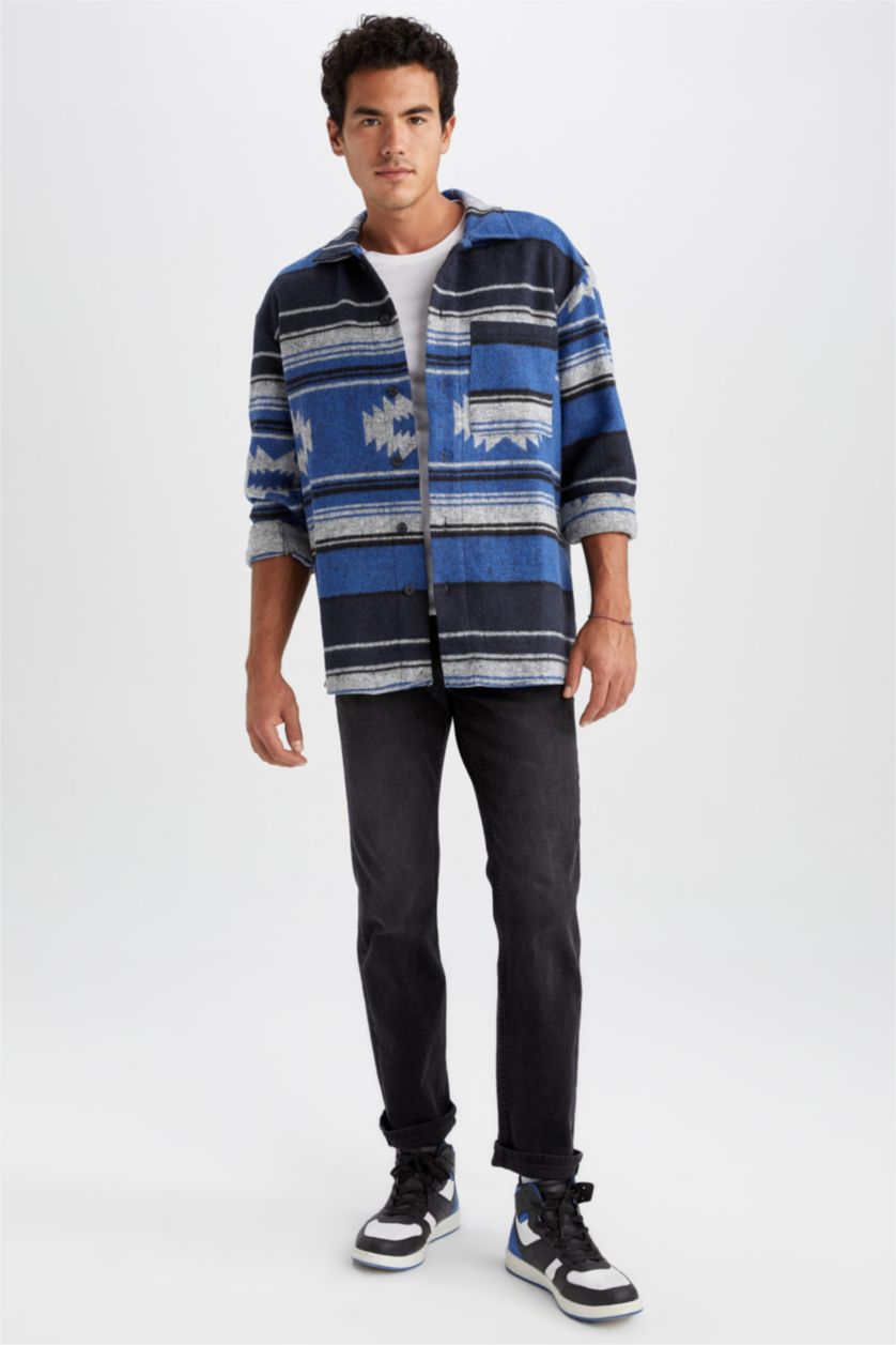 Erkek İndigo Oversıze Etnik Desenli Oduncu Uzun Kollu Gömlek