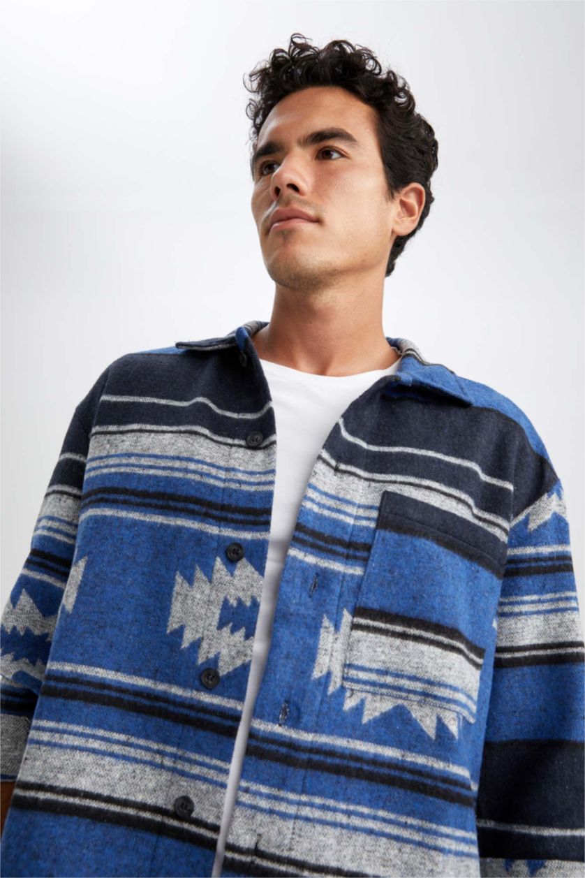 Erkek İndigo Oversıze Etnik Desenli Oduncu Uzun Kollu Gömlek