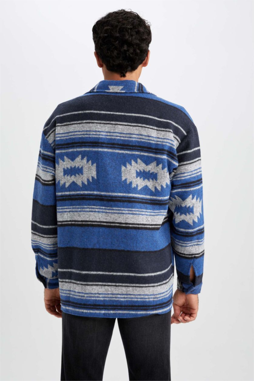 Erkek İndigo Oversıze Etnik Desenli Oduncu Uzun Kollu Gömlek