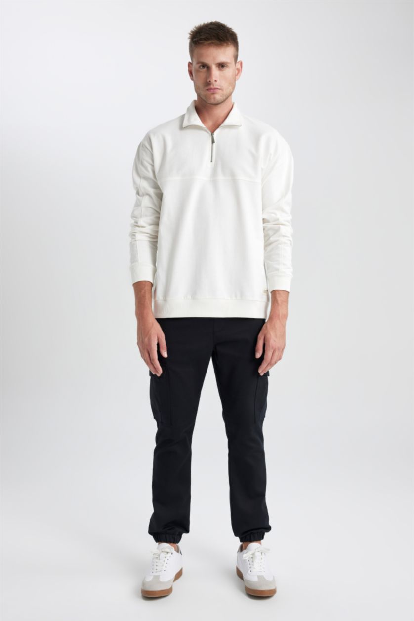 رجالي اوف وايت سويت شيرت قصة مريحة برقبة عالية بسوسته