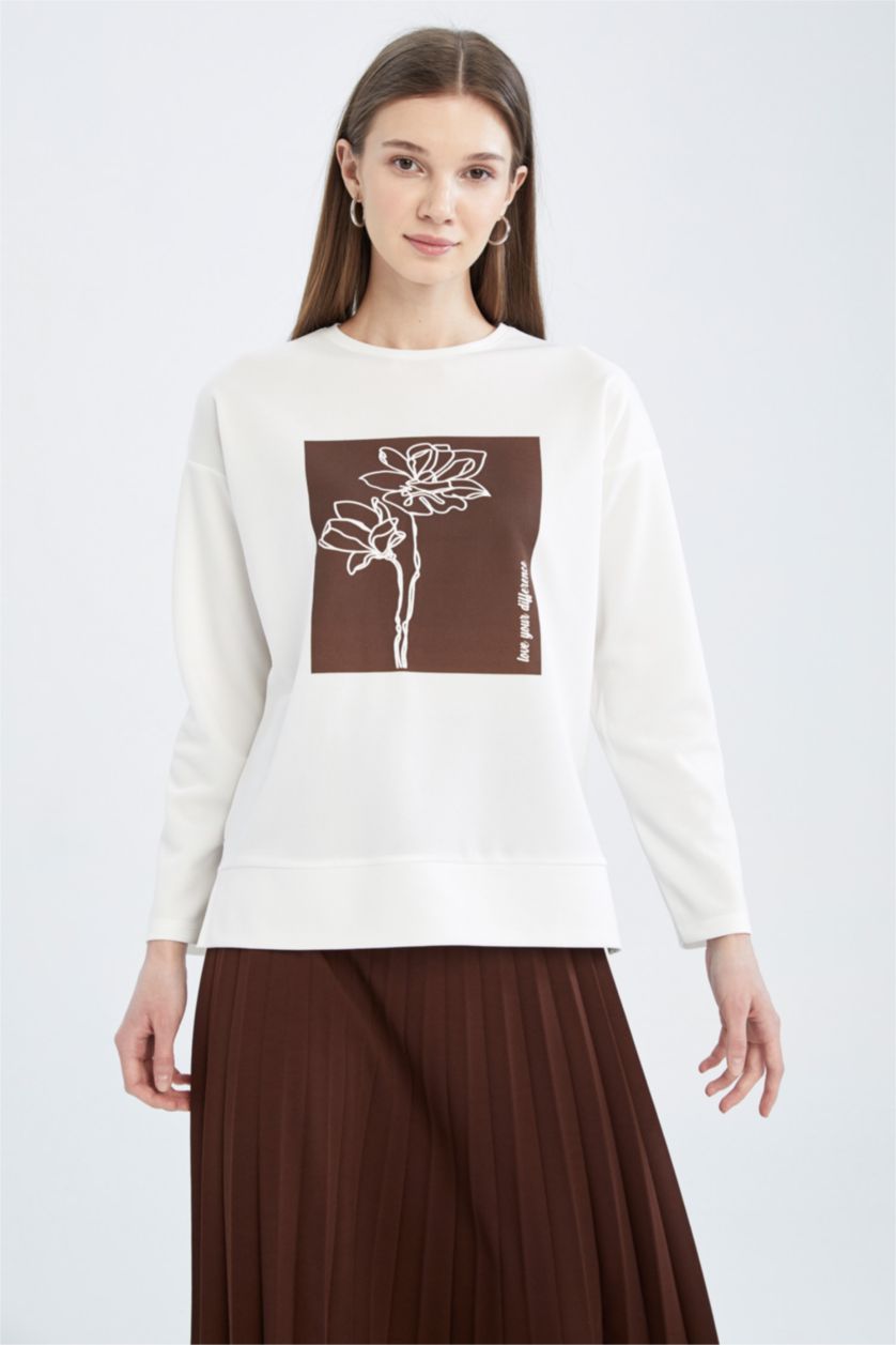 FEMME Marron Sweatshirt tunique Tissu Sweat Fin Coupe Régulière Floral Col arrondi