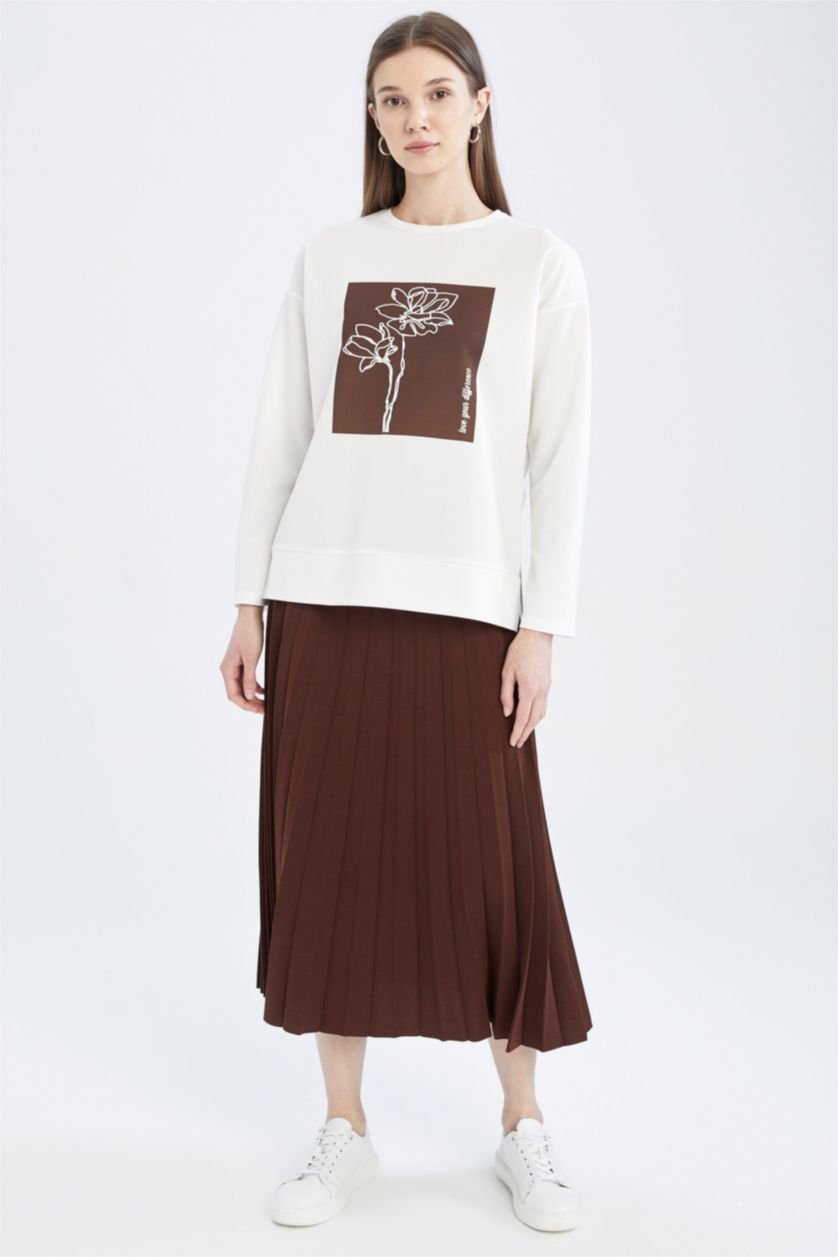 FEMME Marron Sweatshirt tunique Tissu Sweat Fin Coupe Régulière Floral Col arrondi