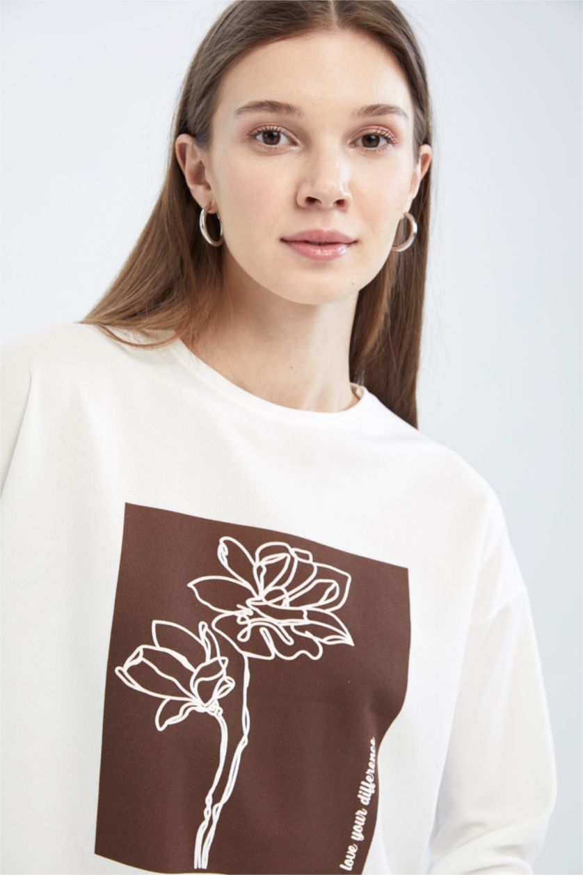 FEMME Marron Sweatshirt tunique Tissu Sweat Fin Coupe Régulière Floral Col arrondi