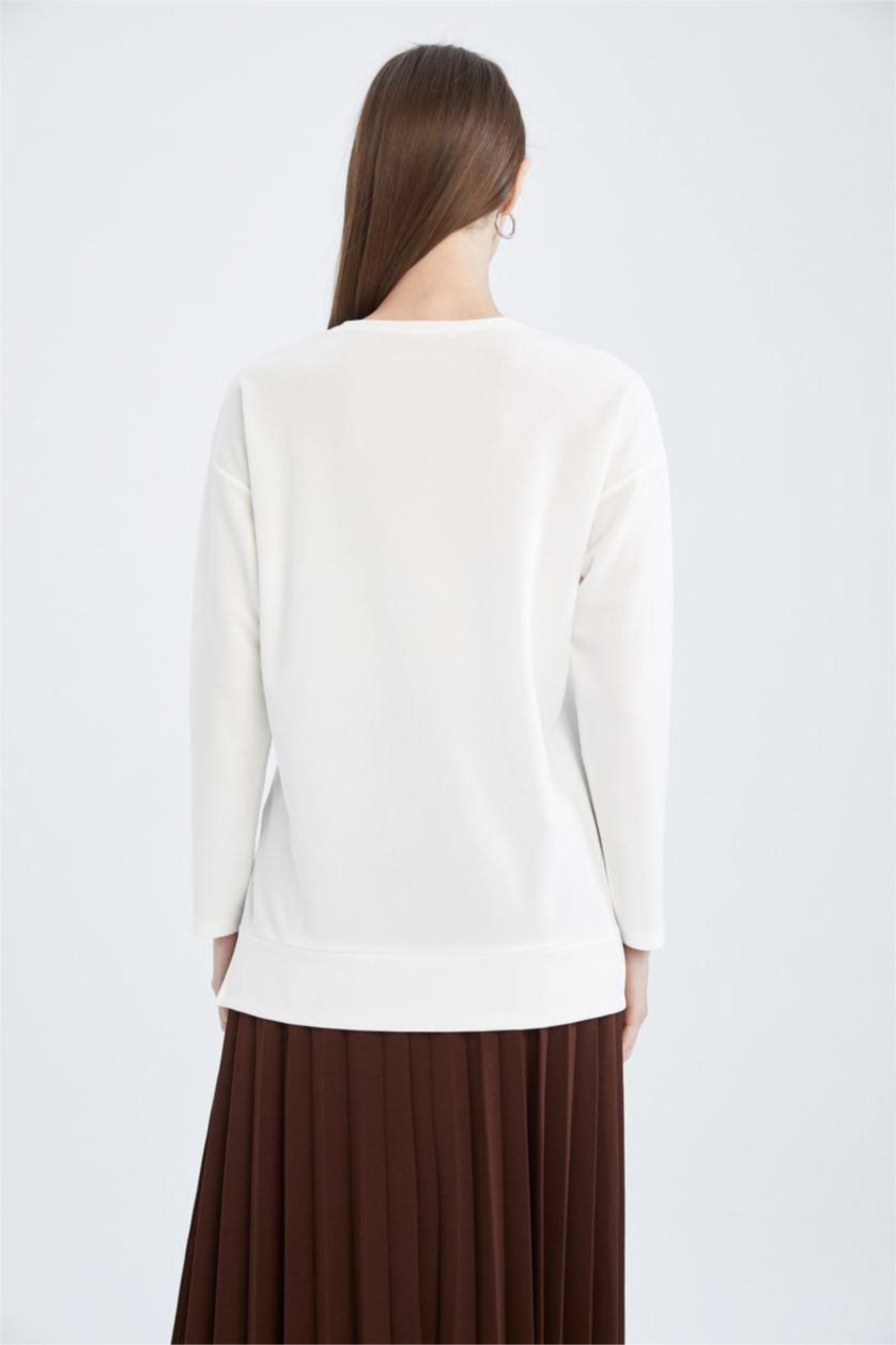 FEMME Marron Sweatshirt tunique Tissu Sweat Fin Coupe Régulière Floral Col arrondi