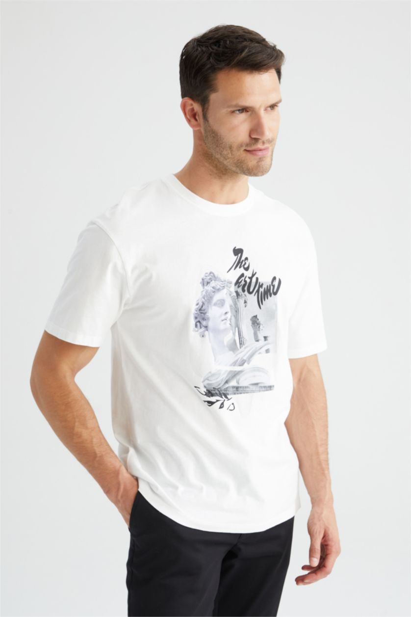 رجالي اوف وايت تي شيرت قطن بقصة مريحة وأكمام قصيرة