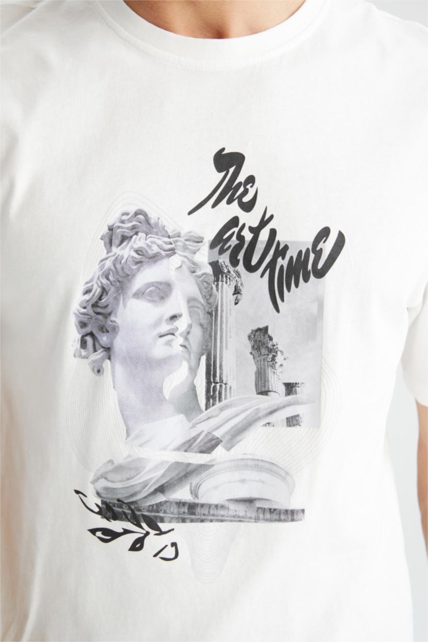 رجالي اوف وايت تي شيرت قطن بقصة مريحة وأكمام قصيرة