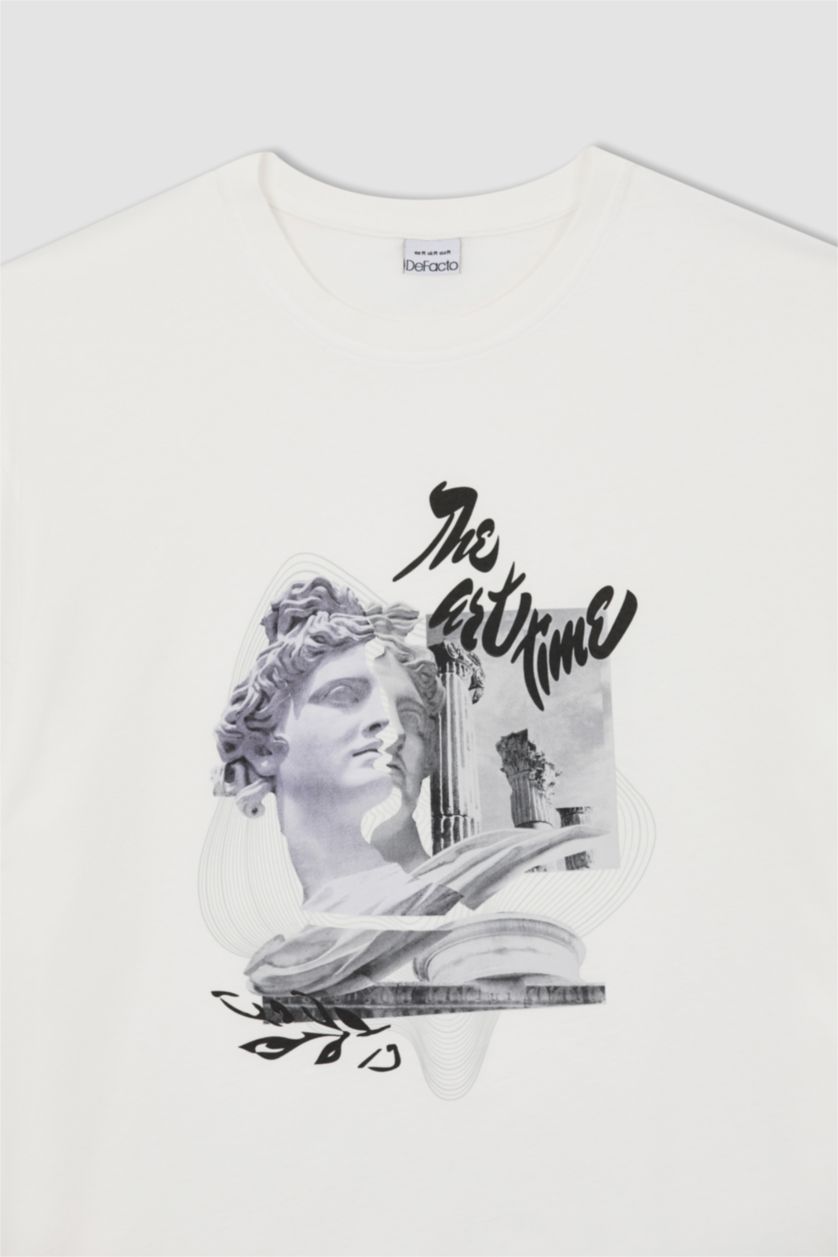 رجالي اوف وايت تي شيرت قطن بقصة مريحة وأكمام قصيرة