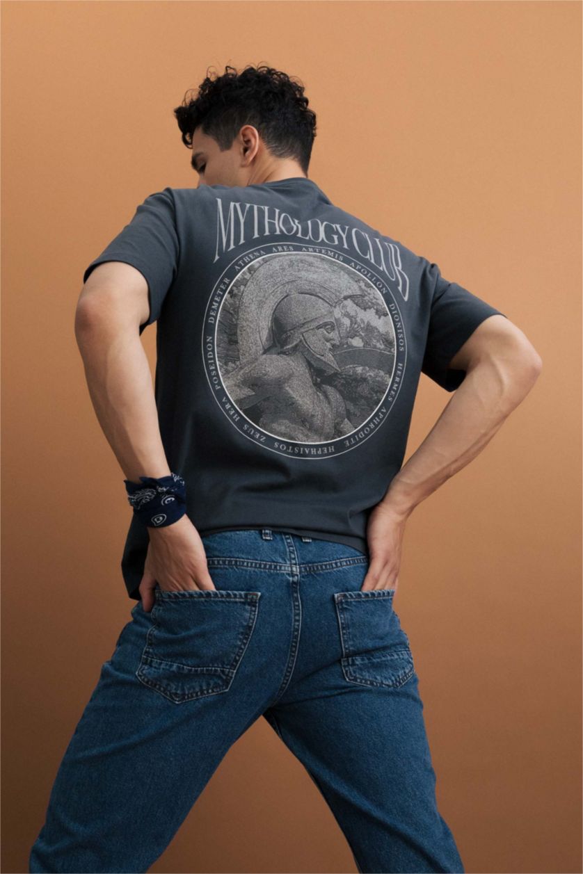 Erkek Antrasit Relax Fit Bisiklet Yaka Sırt Baskılı Kısa Kollu %100 Pamuk Tişört