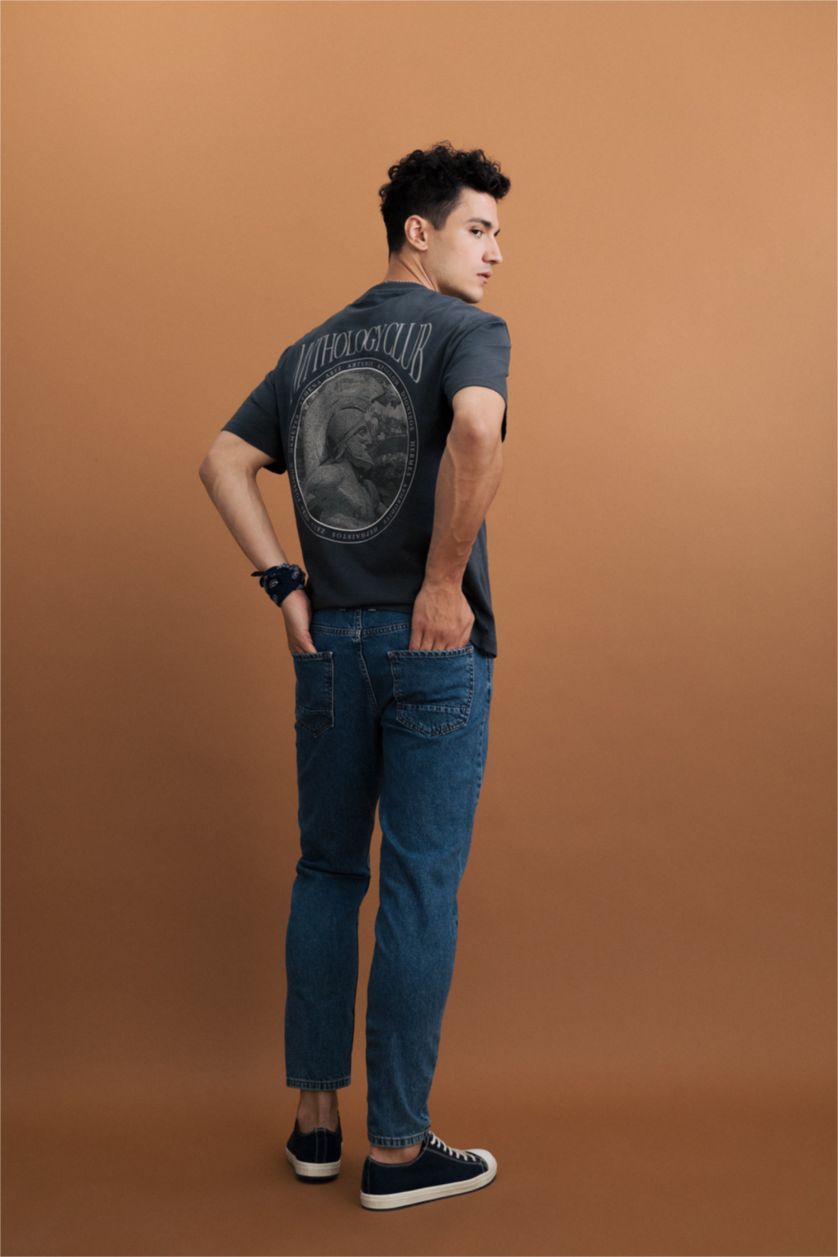 Erkek Antrasit Relax Fit Bisiklet Yaka Sırt Baskılı Kısa Kollu %100 Pamuk Tişört