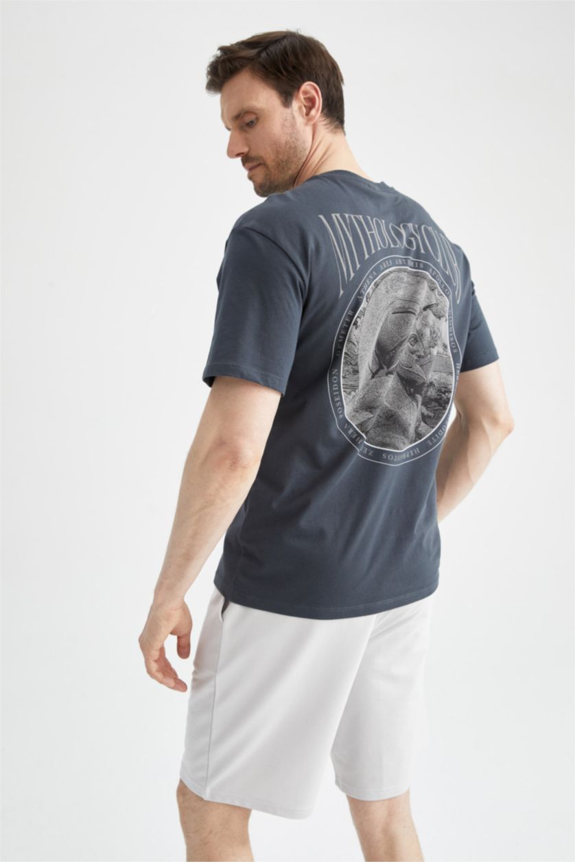 Erkek Antrasit Relax Fit Bisiklet Yaka Sırt Baskılı Kısa Kollu %100 Pamuk Tişört