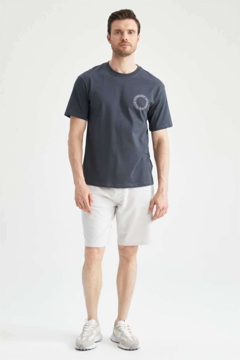 Erkek Antrasit Relax Fit Bisiklet Yaka Sırt Baskılı Kısa Kollu %100 Pamuk Tişört