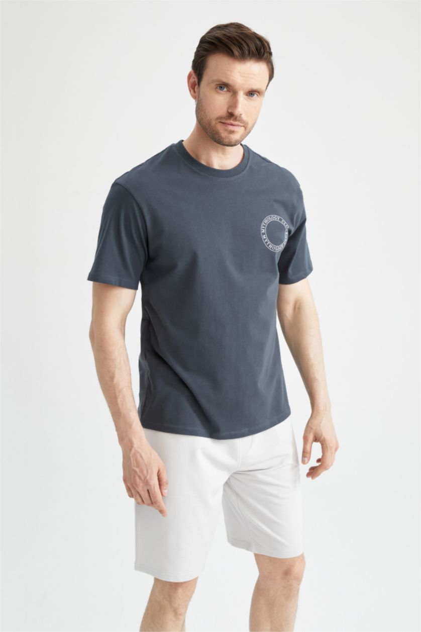 Erkek Antrasit Relax Fit Bisiklet Yaka Sırt Baskılı Kısa Kollu %100 Pamuk Tişört