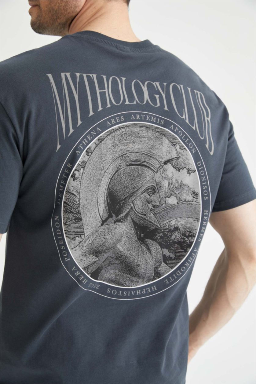 Erkek Antrasit Relax Fit Bisiklet Yaka Sırt Baskılı Kısa Kollu %100 Pamuk Tişört