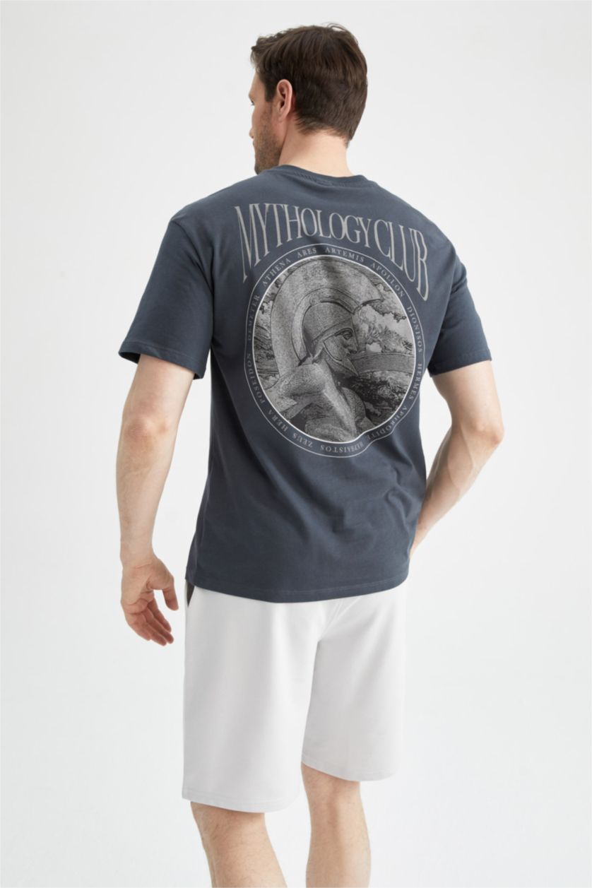 Erkek Antrasit Relax Fit Bisiklet Yaka Sırt Baskılı Kısa Kollu %100 Pamuk Tişört