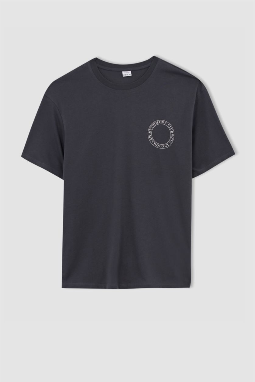 Erkek Antrasit Relax Fit Bisiklet Yaka Sırt Baskılı Kısa Kollu %100 Pamuk Tişört