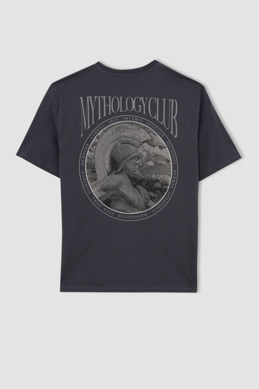 Erkek Antrasit Relax Fit Bisiklet Yaka Sırt Baskılı Kısa Kollu %100 Pamuk Tişört